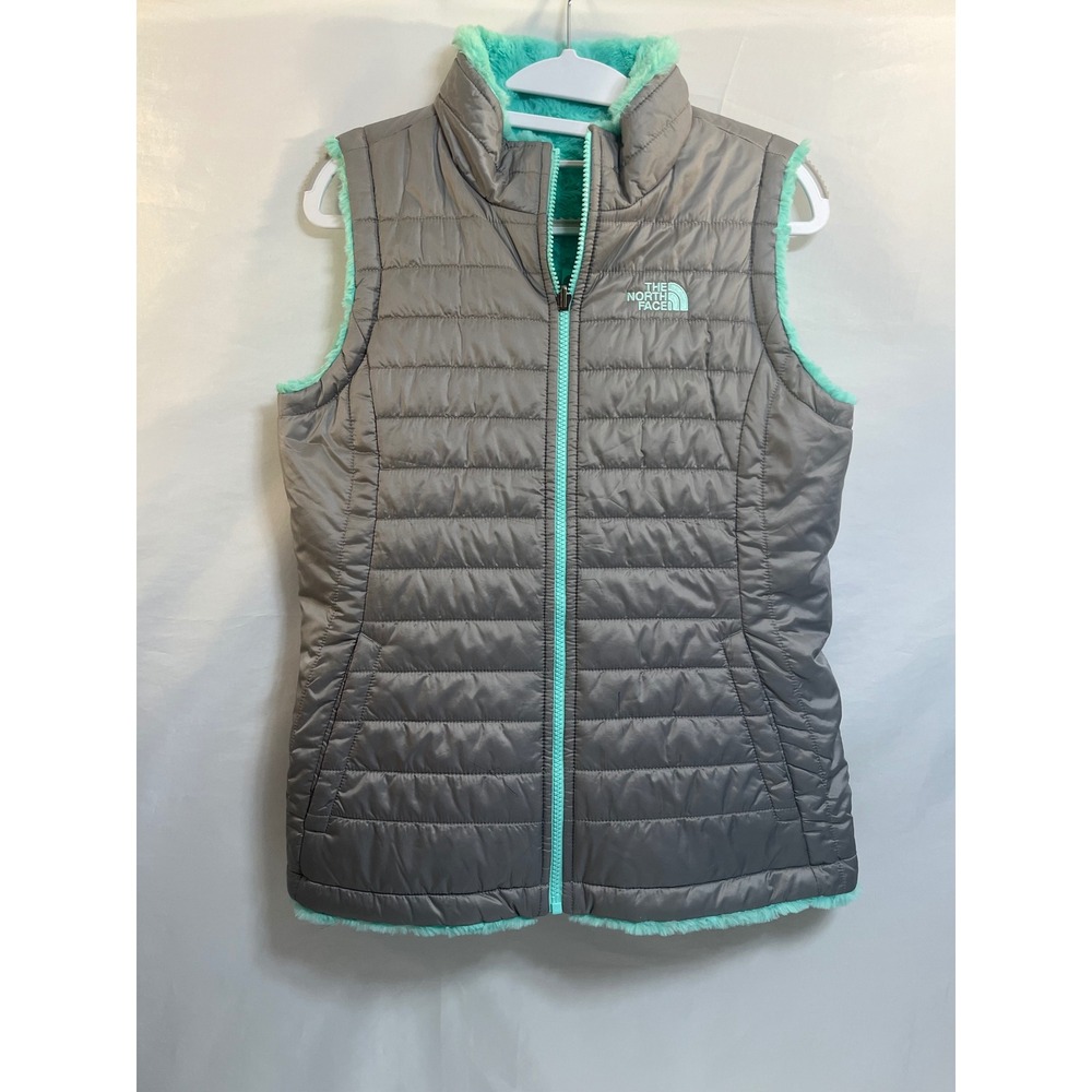 The North Face Reversible Puffer Vest Grey Mint Green Fleece Girls L/Xl Womens S